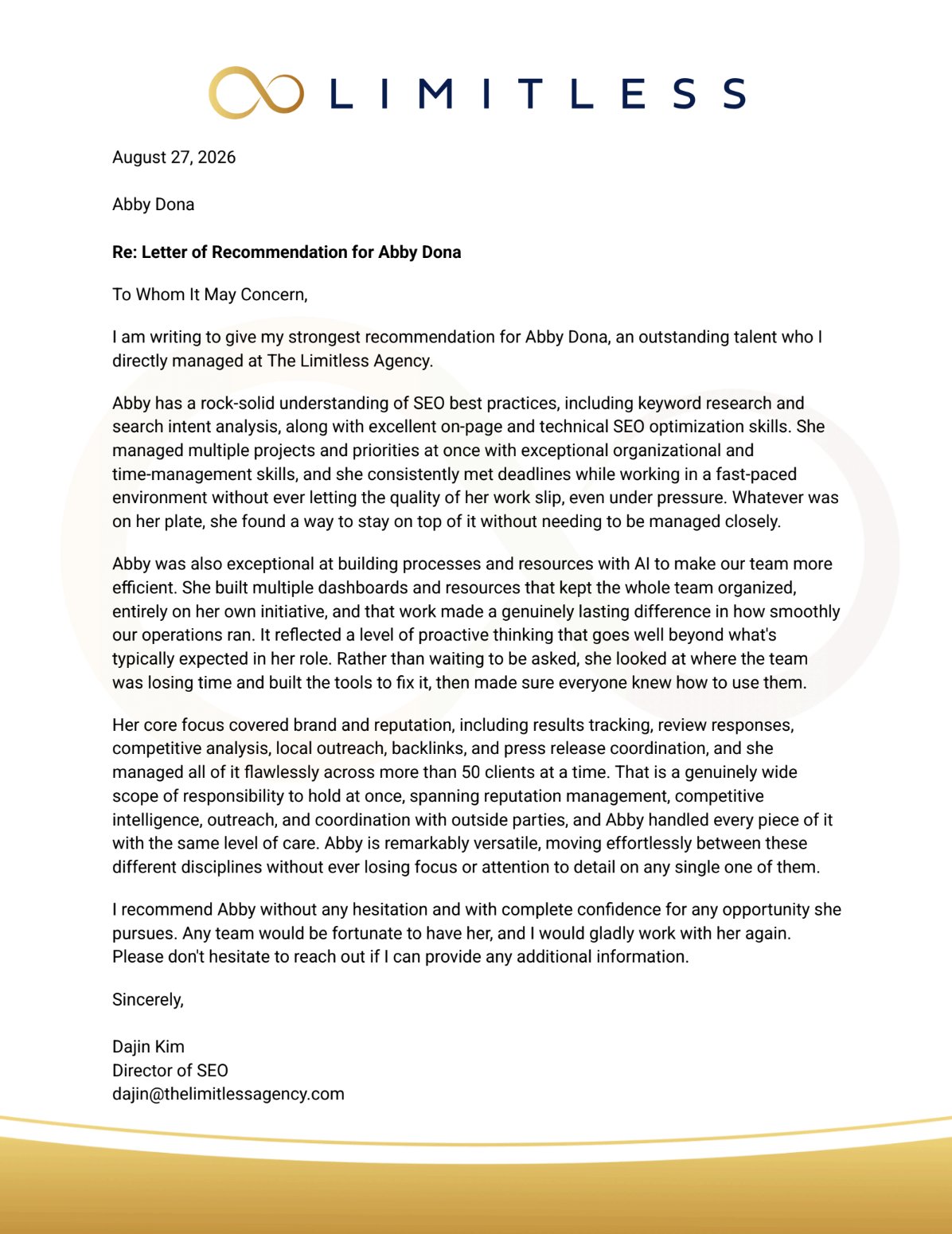 Letter of recommendation for Abby Doña from Dajin Kim, Director of SEO at The Limitless Agency
